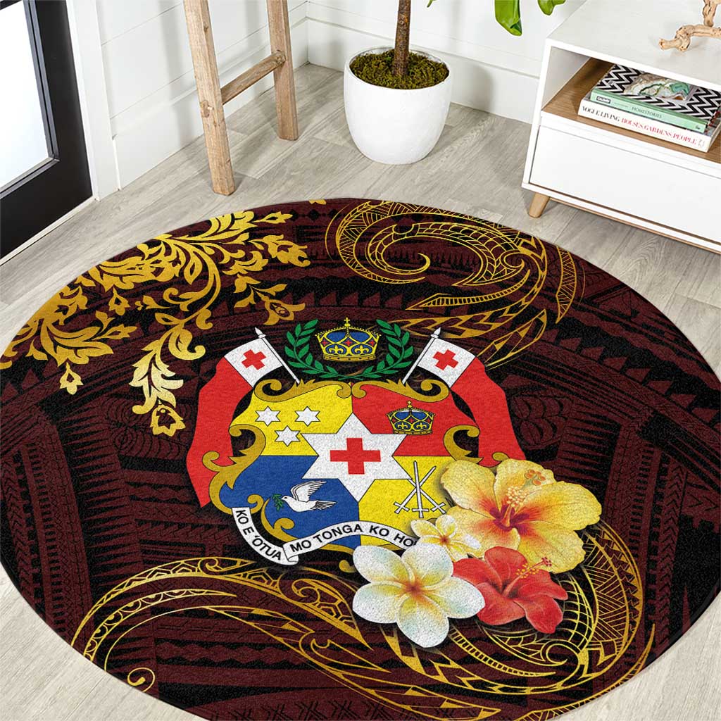 Tonga Ngatu and Hibiscus with Polynesian Tattoo Round Carpet Gold and Oxblood Color