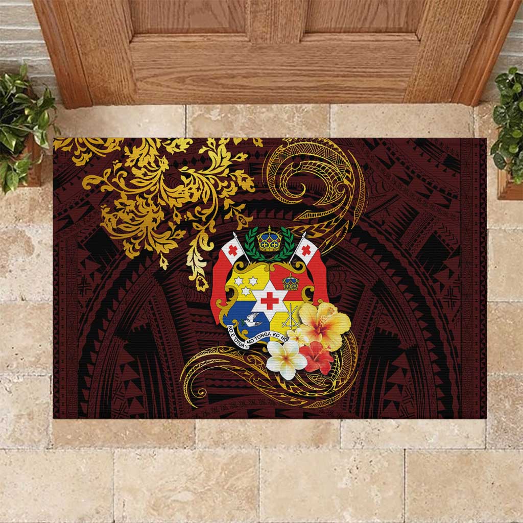 Tonga Ngatu and Hibiscus with Polynesian Tattoo Rubber Doormat Gold and Oxblood Color