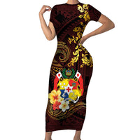 Tonga Ngatu and Hibiscus with Polynesian Tattoo Short Sleeve Bodycon Dress Gold and Oxblood Color LT03 Long Dress Oxblood - Polynesian Pride