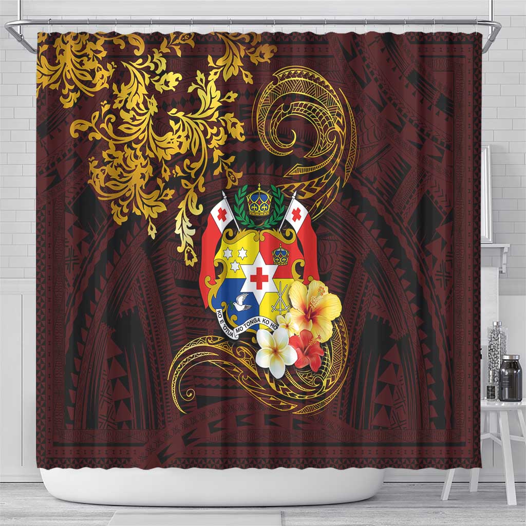 Tonga Ngatu and Hibiscus with Polynesian Tattoo Shower Curtain Gold and Oxblood Color