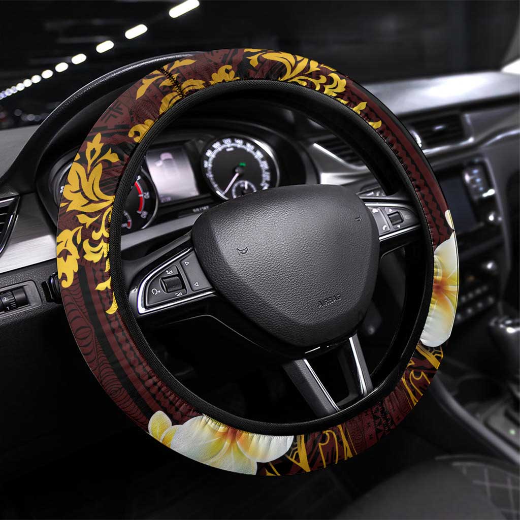 Tonga Ngatu and Hibiscus with Polynesian Tattoo Steering Wheel Cover Gold and Oxblood Color