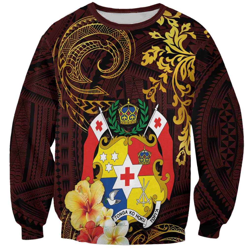 Tonga Ngatu and Hibiscus with Polynesian Tattoo Sweatshirt Gold and Oxblood Color