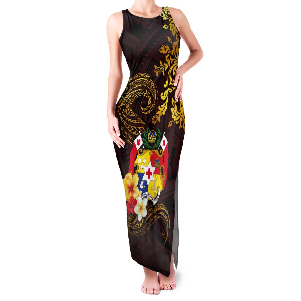 Tonga Ngatu and Hibiscus with Polynesian Tattoo Tank Maxi Dress Gold and Oxblood Color