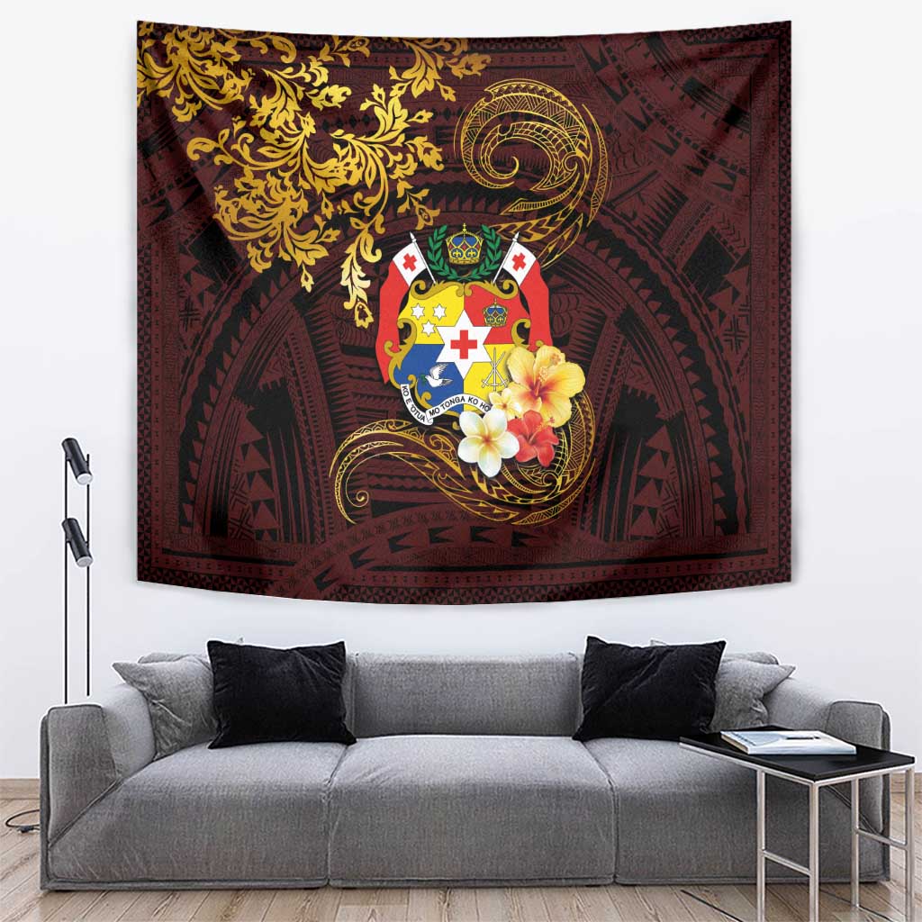 Tonga Ngatu and Hibiscus with Polynesian Tattoo Tapestry Gold and Oxblood Color