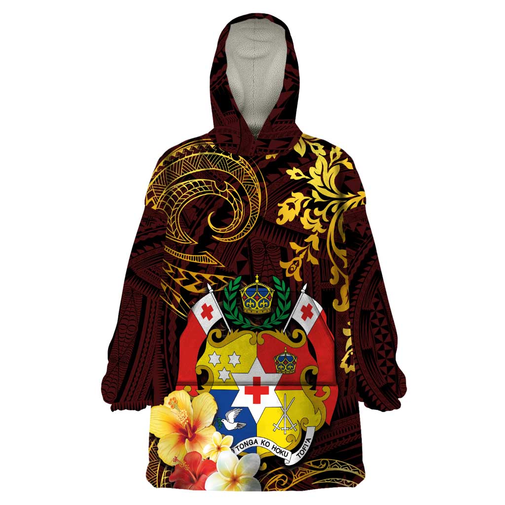 Tonga Ngatu and Hibiscus with Polynesian Tattoo Wearable Blanket Hoodie Gold and Oxblood Color