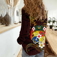 Tonga Ngatu and Hibiscus with Polynesian Tattoo Women Casual Shirt Gold and Oxblood Color LT03 - Polynesian Pride