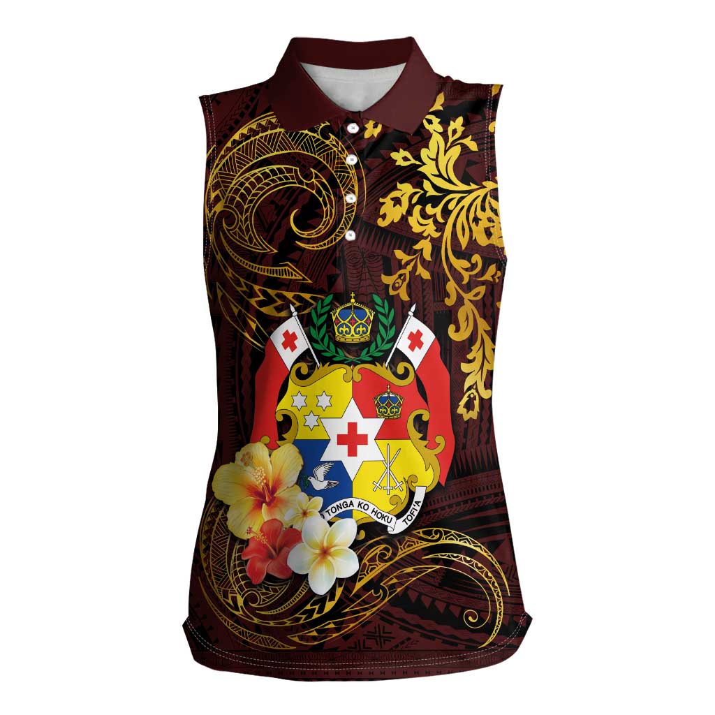 Tonga Ngatu and Hibiscus with Polynesian Tattoo Women Sleeveless Polo Shirt Gold and Oxblood Color