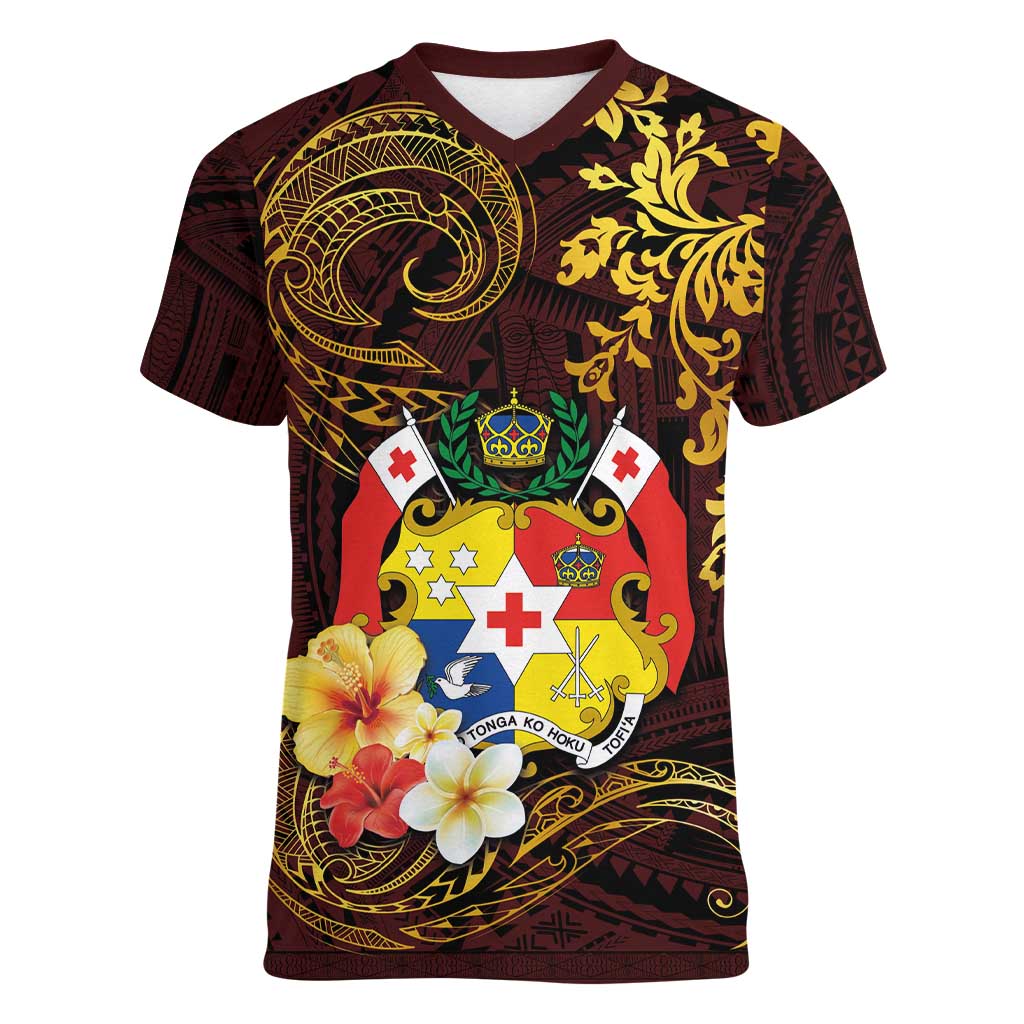 Tonga Ngatu and Hibiscus with Polynesian Tattoo Women V-Neck T-Shirt Gold and Oxblood Color