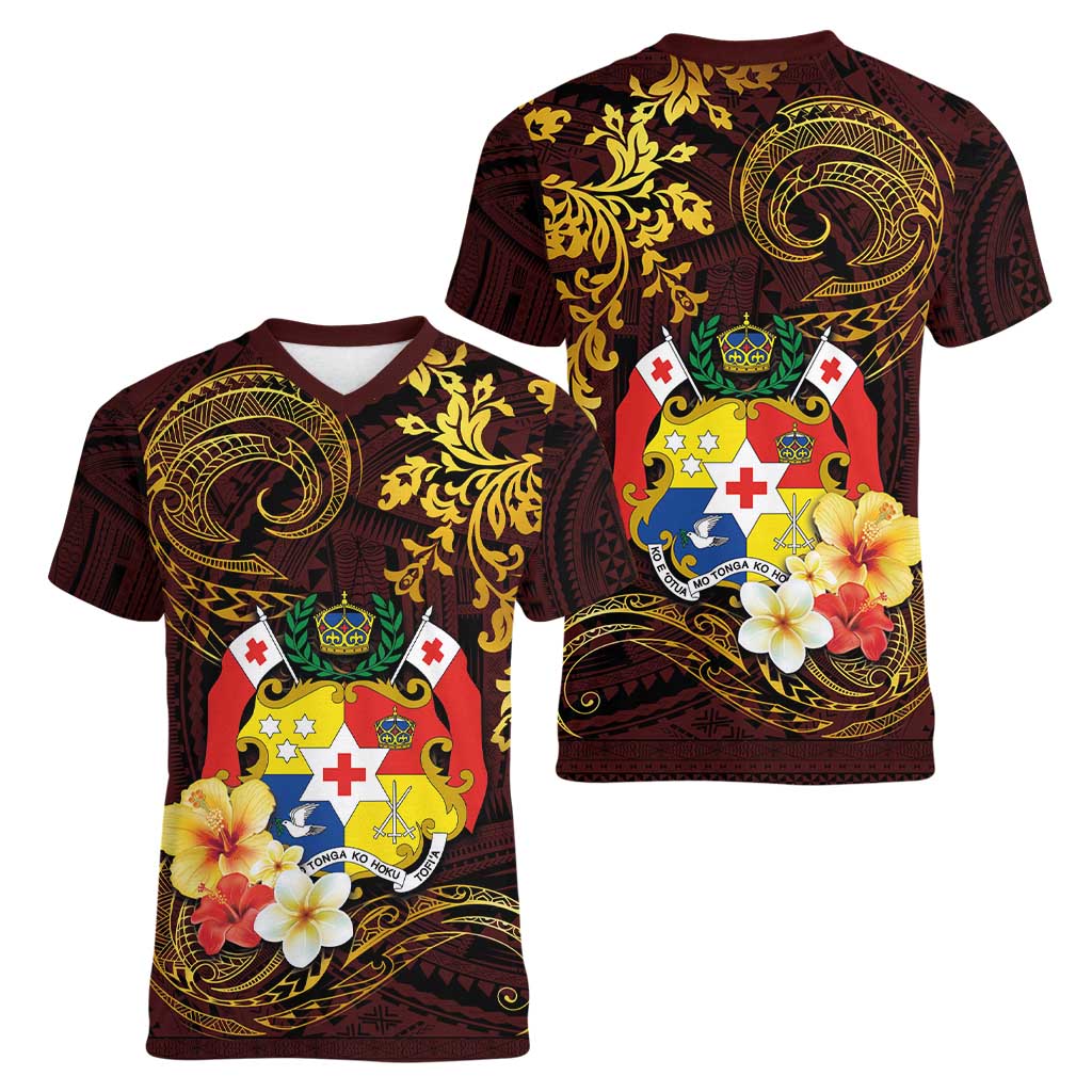 Tonga Ngatu and Hibiscus with Polynesian Tattoo Women V-Neck T-Shirt Gold and Oxblood Color LT03 - Polynesian Pride