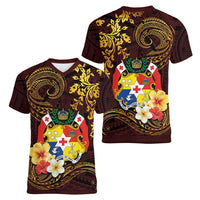 Tonga Ngatu and Hibiscus with Polynesian Tattoo Women V-Neck T-Shirt Gold and Oxblood Color LT03 - Polynesian Pride