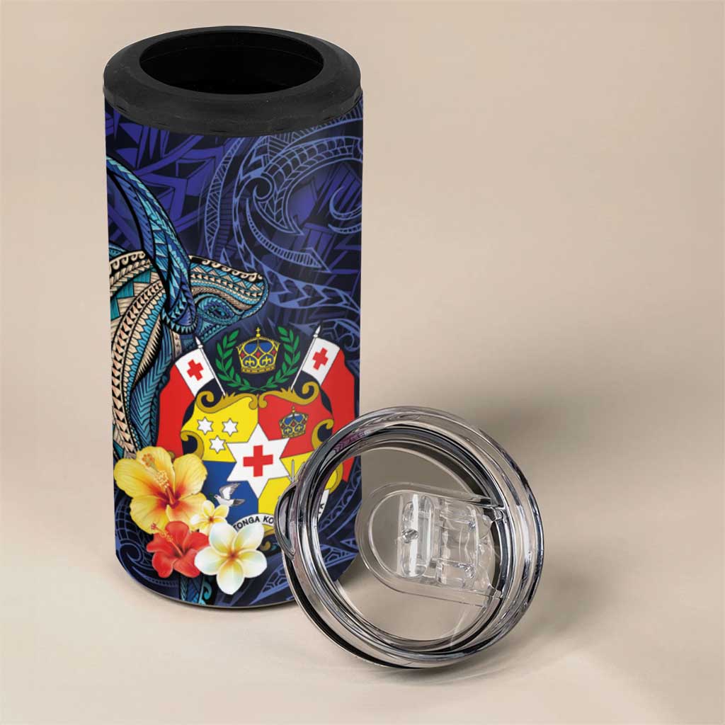 Tonga Vava'u Humpback Whale Blue Water 4 in 1 Can Cooler Tumbler Polynesian Hibiscus Flowers