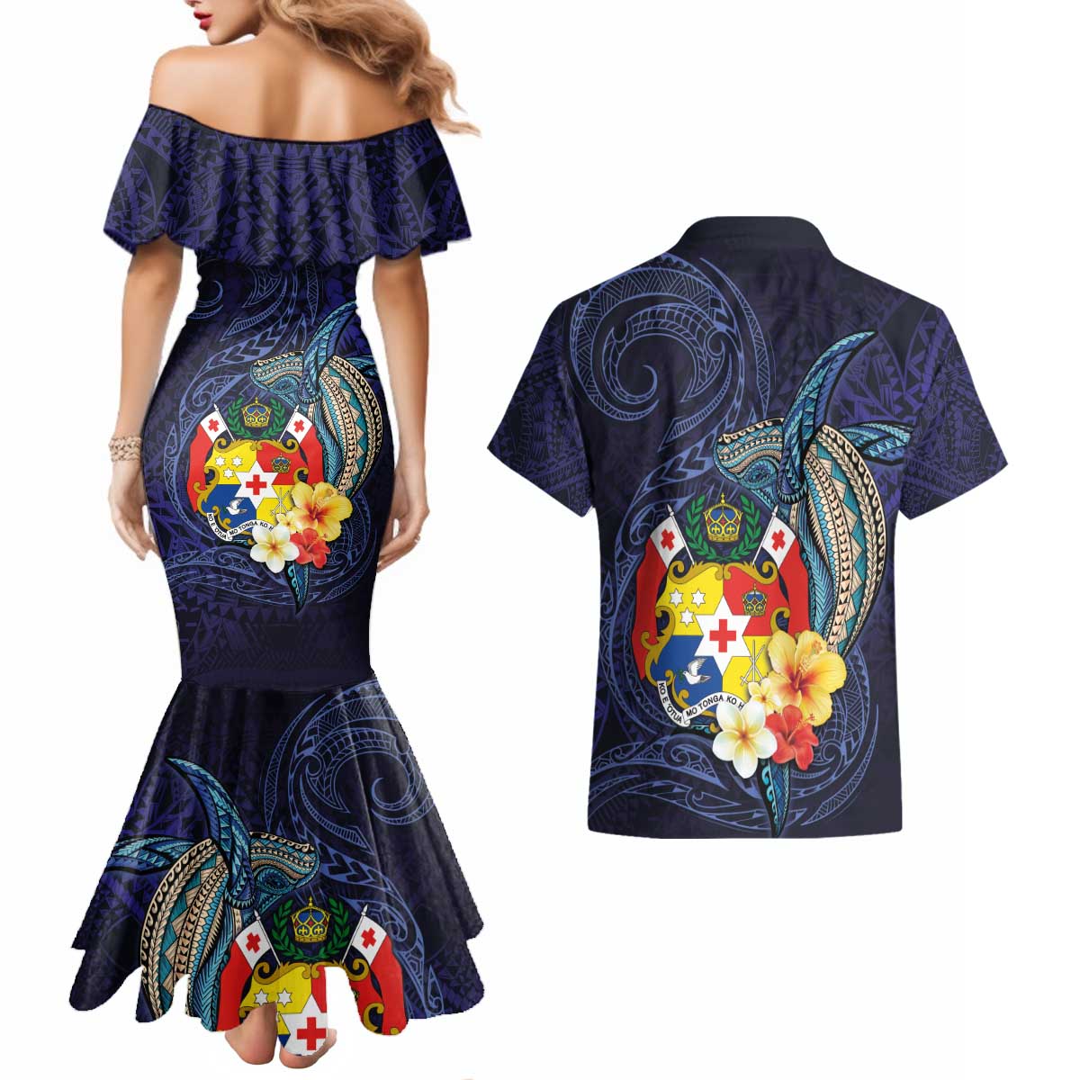 Tonga Vava'u Humpback Whale Blue Water Couples Matching Mermaid Dress and Hawaiian Shirt Polynesian Hibiscus Flowers LT03 - Polynesian Pride
