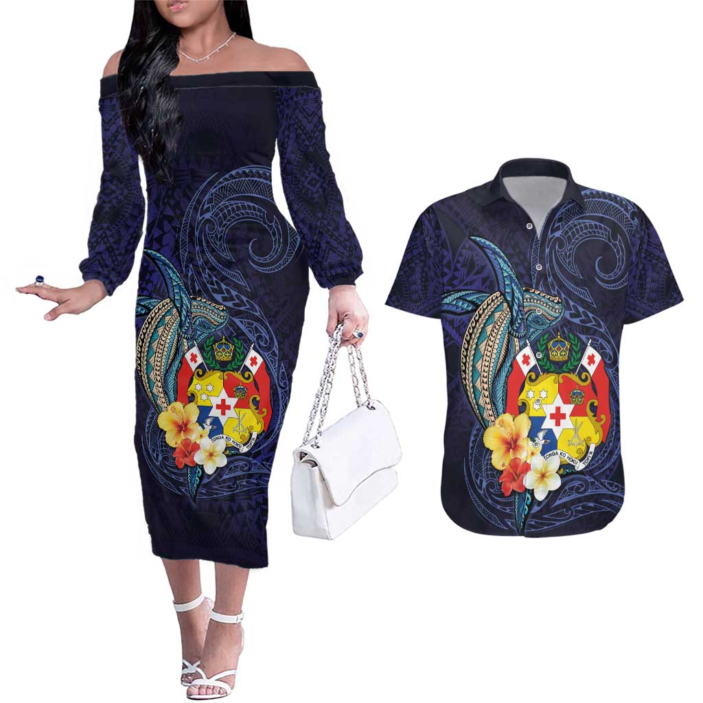 Tonga Vava'u Humpback Whale Blue Water Couples Matching Off The Shoulder Long Sleeve Dress and Hawaiian Shirt Polynesian Hibiscus Flowers