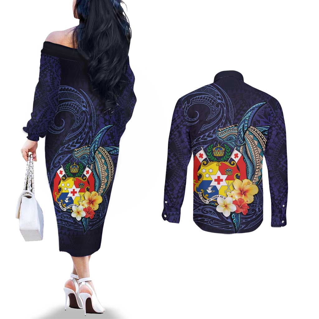 Tonga Vava'u Humpback Whale Blue Water Couples Matching Off The Shoulder Long Sleeve Dress and Long Sleeve Button Shirt Polynesian Hibiscus Flowers
