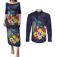 Tonga Vava'u Humpback Whale Blue Water Couples Matching Puletasi and Long Sleeve Button Shirt Polynesian Hibiscus Flowers LT03 Blue - Polynesian Pride