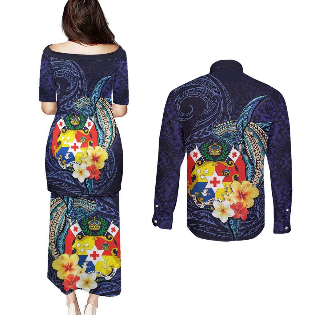 Tonga Vava'u Humpback Whale Blue Water Couples Matching Puletasi and Long Sleeve Button Shirt Polynesian Hibiscus Flowers LT03 - Polynesian Pride