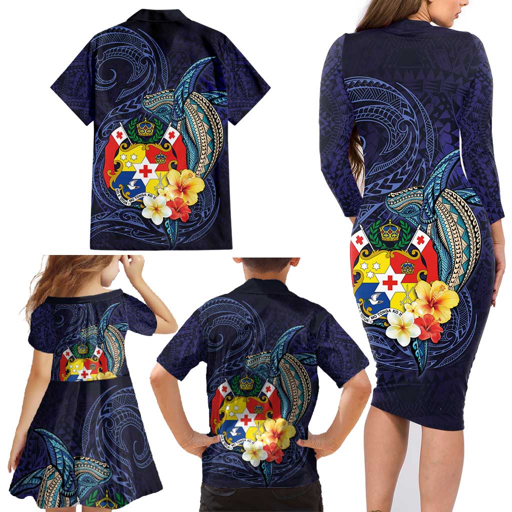 Tonga Vava'u Humpback Whale Blue Water Family Matching Long Sleeve Bodycon Dress and Hawaiian Shirt Polynesian Hibiscus Flowers LT03 - Polynesian Pride