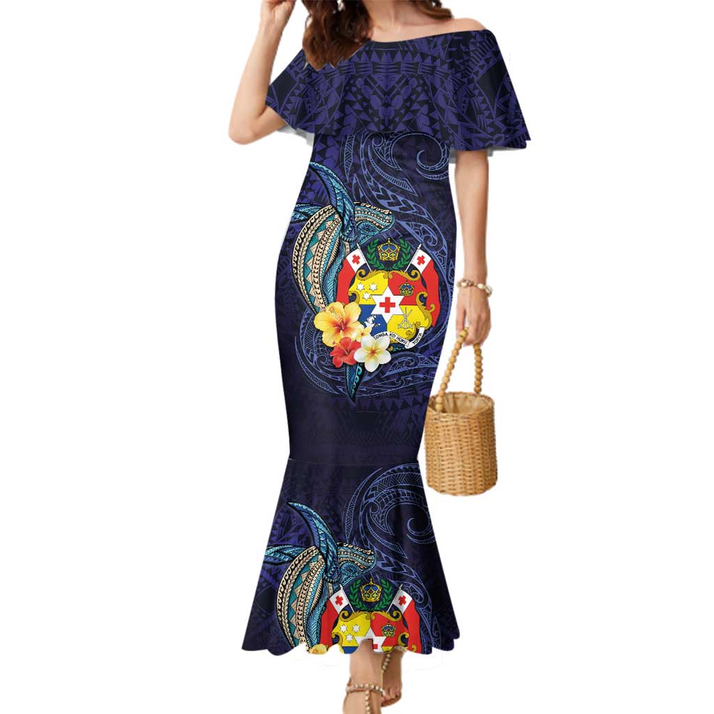 Tonga Vava'u Humpback Whale Blue Water Family Matching Mermaid Dress and Hawaiian Shirt Polynesian Hibiscus Flowers LT03 Mom's Dress Blue - Polynesian Pride