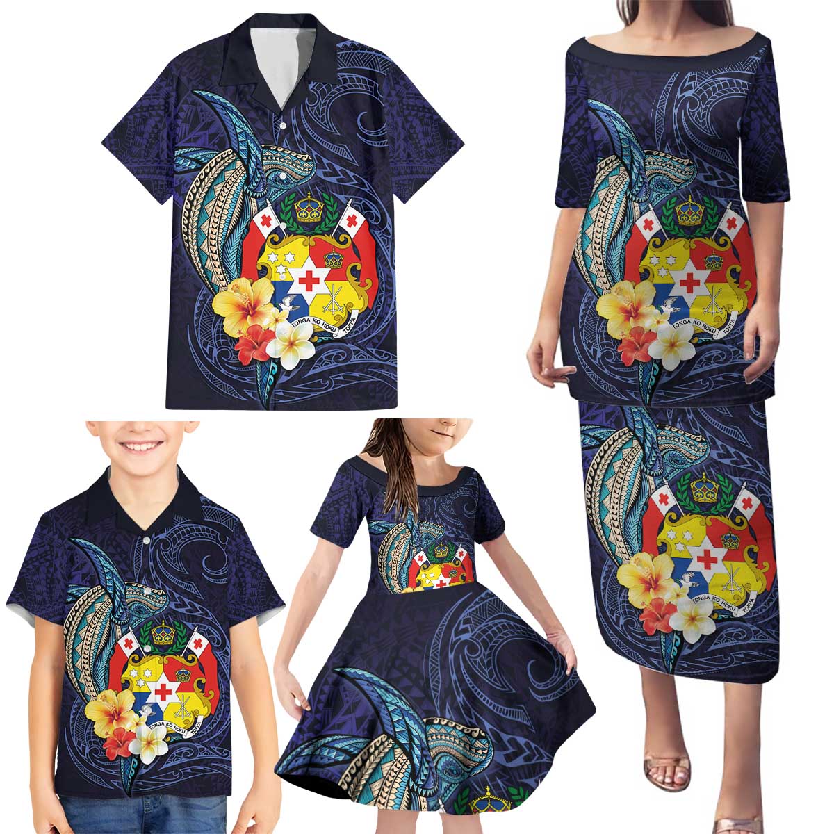 Tonga Vava'u Humpback Whale Blue Water Family Matching Puletasi and Hawaiian Shirt Polynesian Hibiscus Flowers LT03 - Polynesian Pride