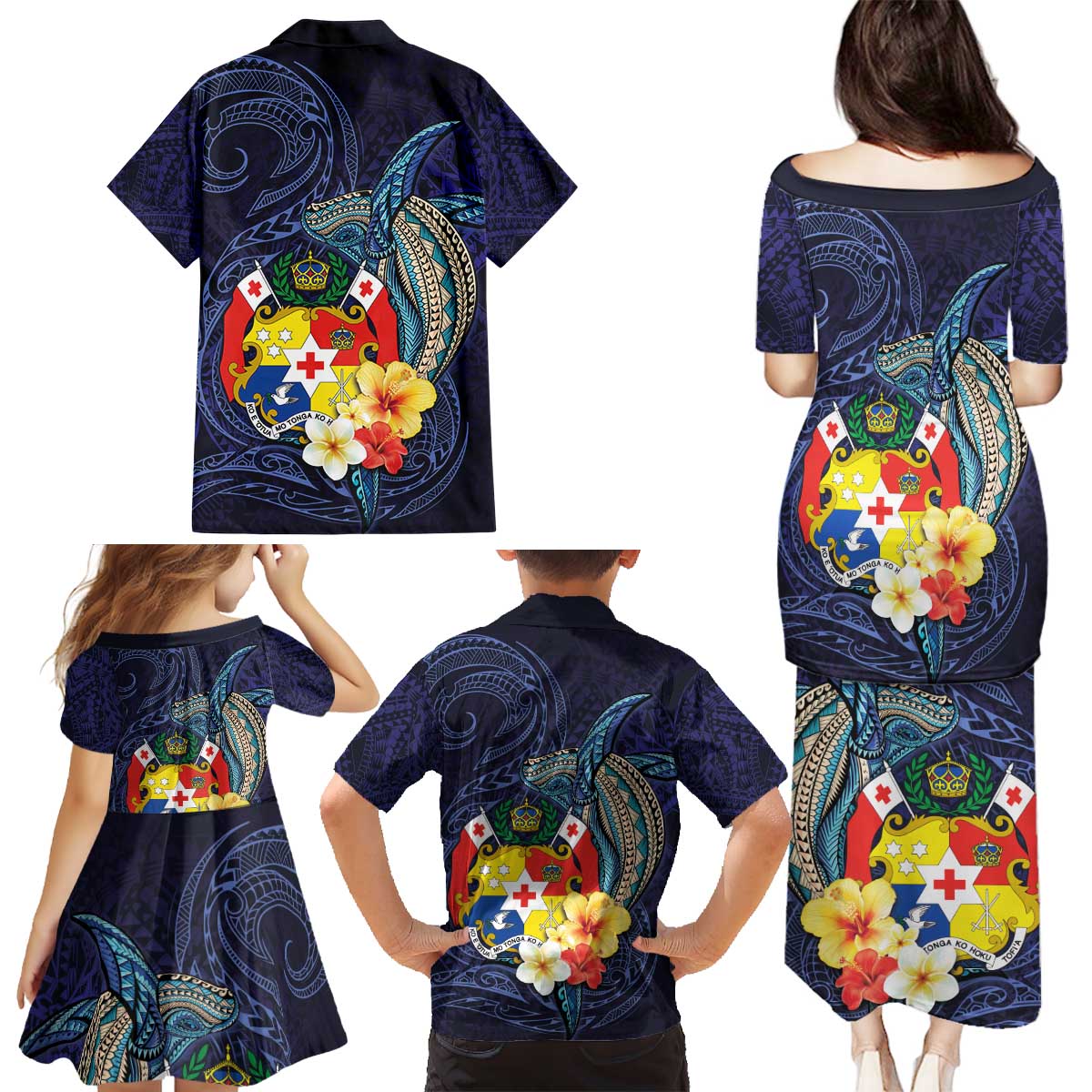 Tonga Vava'u Humpback Whale Blue Water Family Matching Puletasi and Hawaiian Shirt Polynesian Hibiscus Flowers LT03 - Polynesian Pride