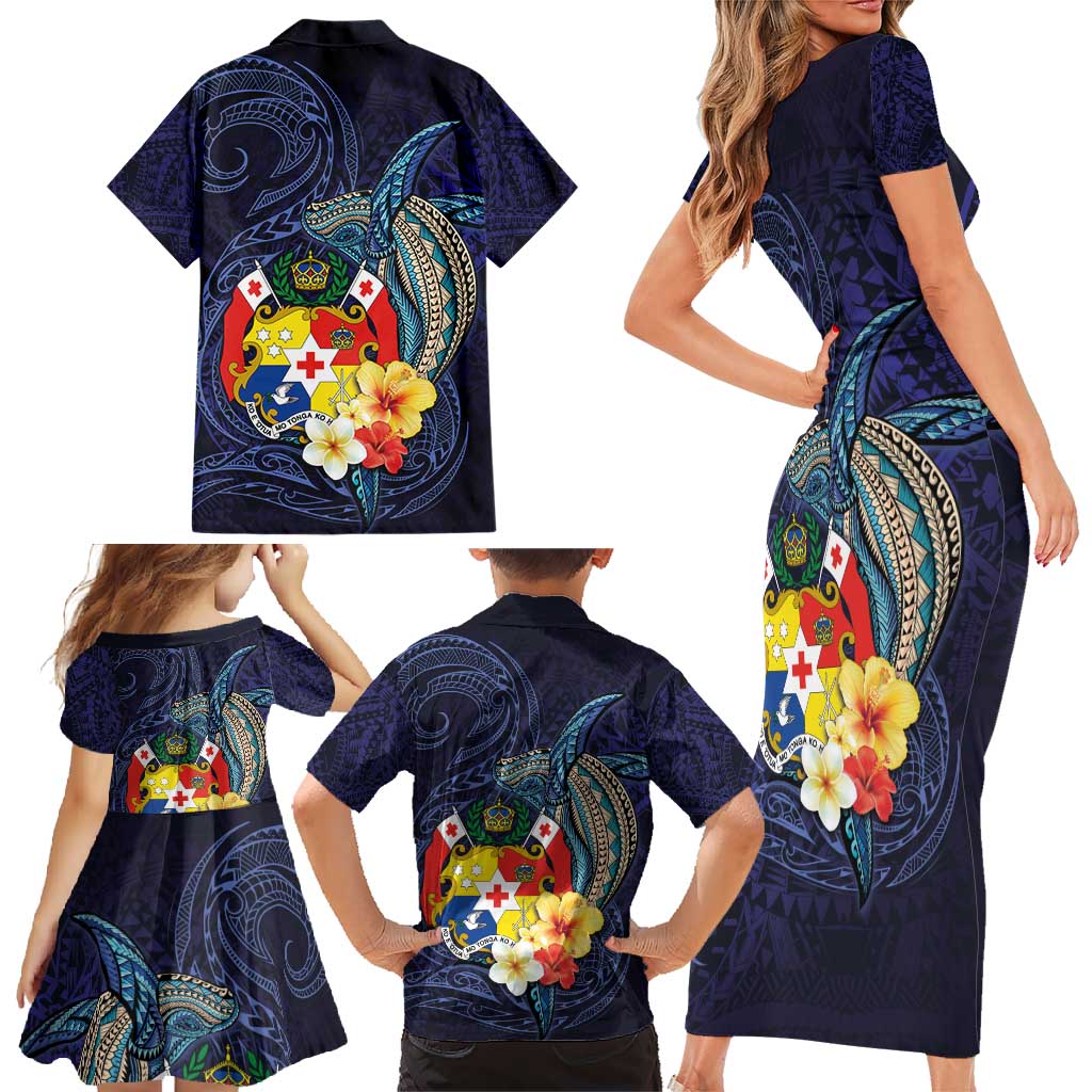 Tonga Vava'u Humpback Whale Blue Water Family Matching Short Sleeve Bodycon Dress and Hawaiian Shirt Polynesian Hibiscus Flowers LT03 - Polynesian Pride