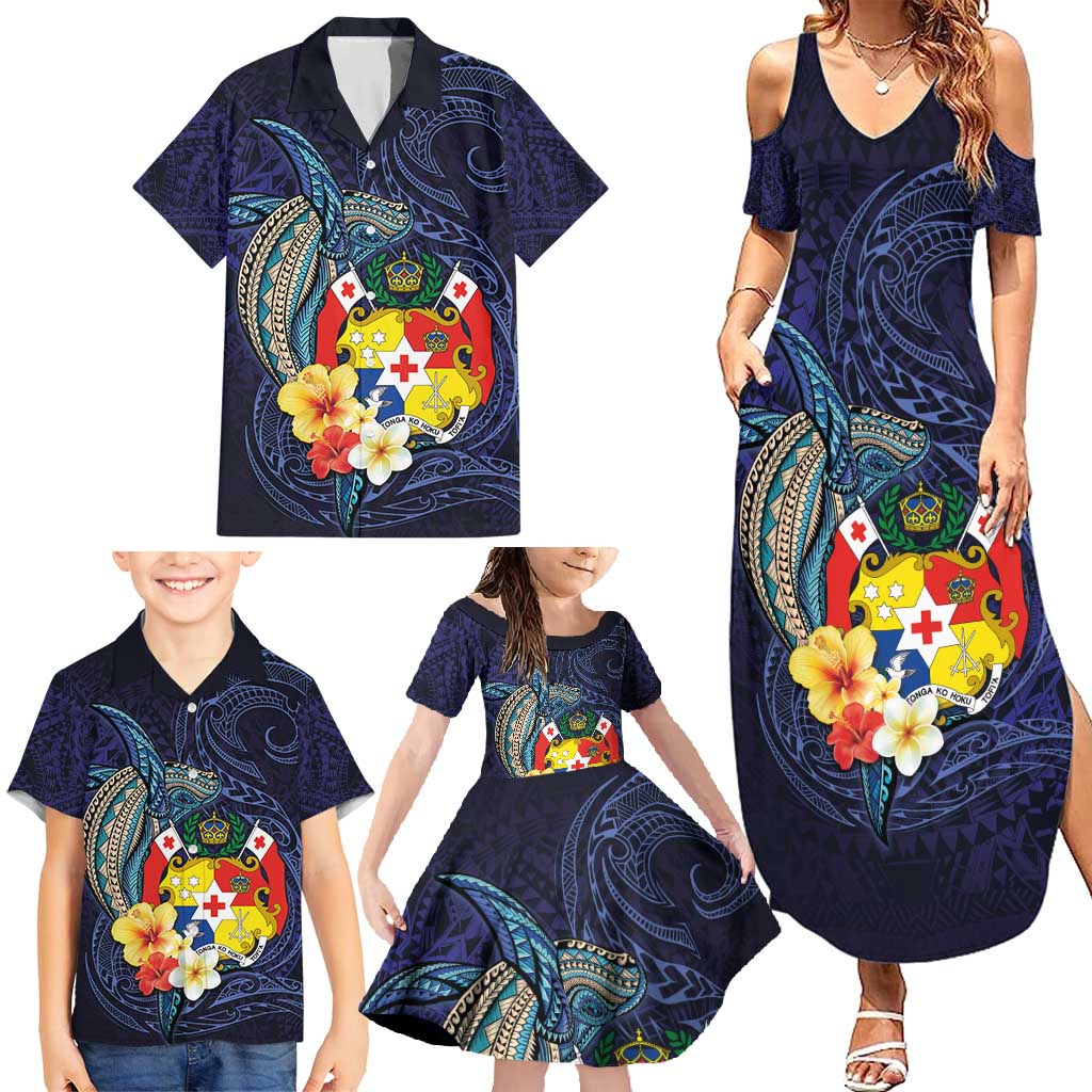 Tonga Vava'u Humpback Whale Blue Water Family Matching Summer Maxi Dress and Hawaiian Shirt Polynesian Hibiscus Flowers