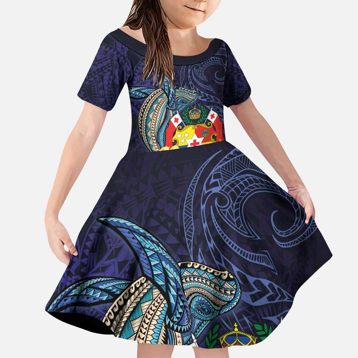 Tonga Vava'u Humpback Whale Blue Water Kid Short Sleeve Dress Polynesian Hibiscus Flowers