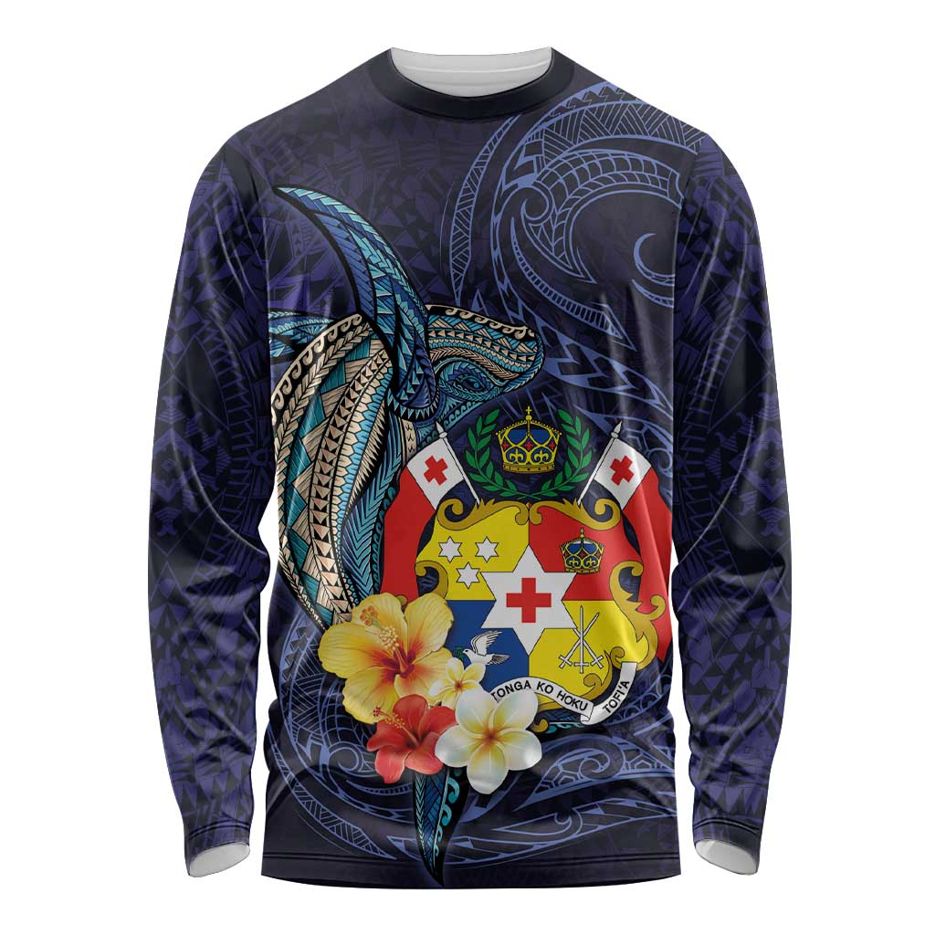 Tonga Vava'u Humpback Whale Blue Water Long Sleeve Shirt Polynesian Hibiscus Flowers