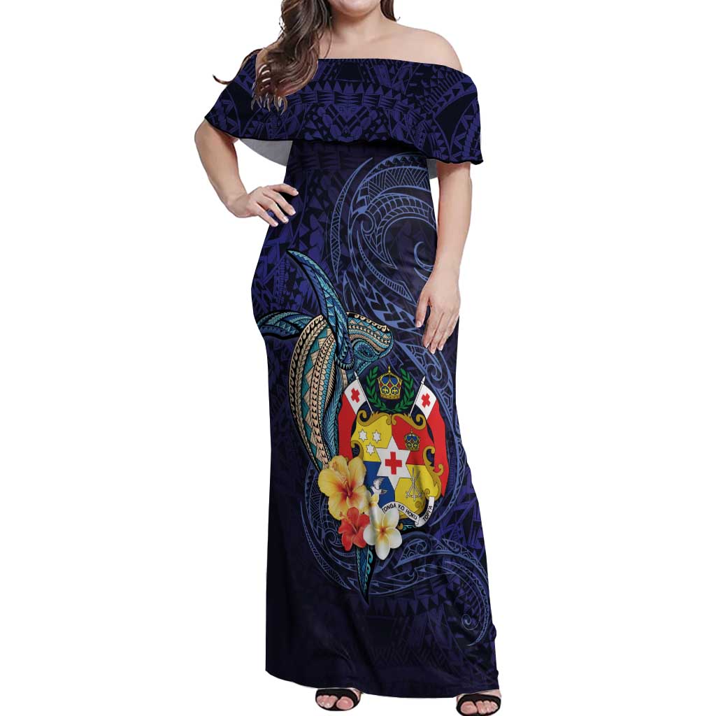 Tonga Vava'u Humpback Whale Blue Water Off Shoulder Maxi Dress Polynesian Hibiscus Flowers