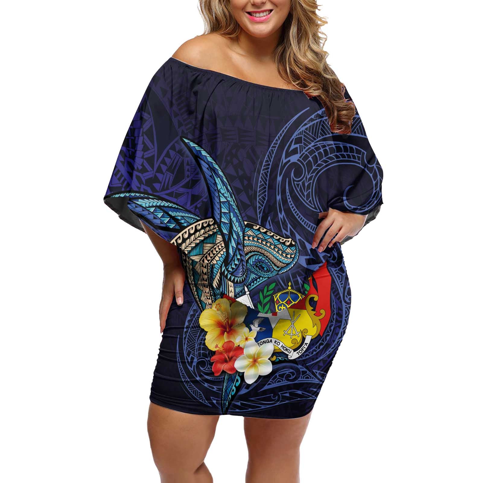 Tonga Vava'u Humpback Whale Blue Water Off Shoulder Short Dress Polynesian Hibiscus Flowers