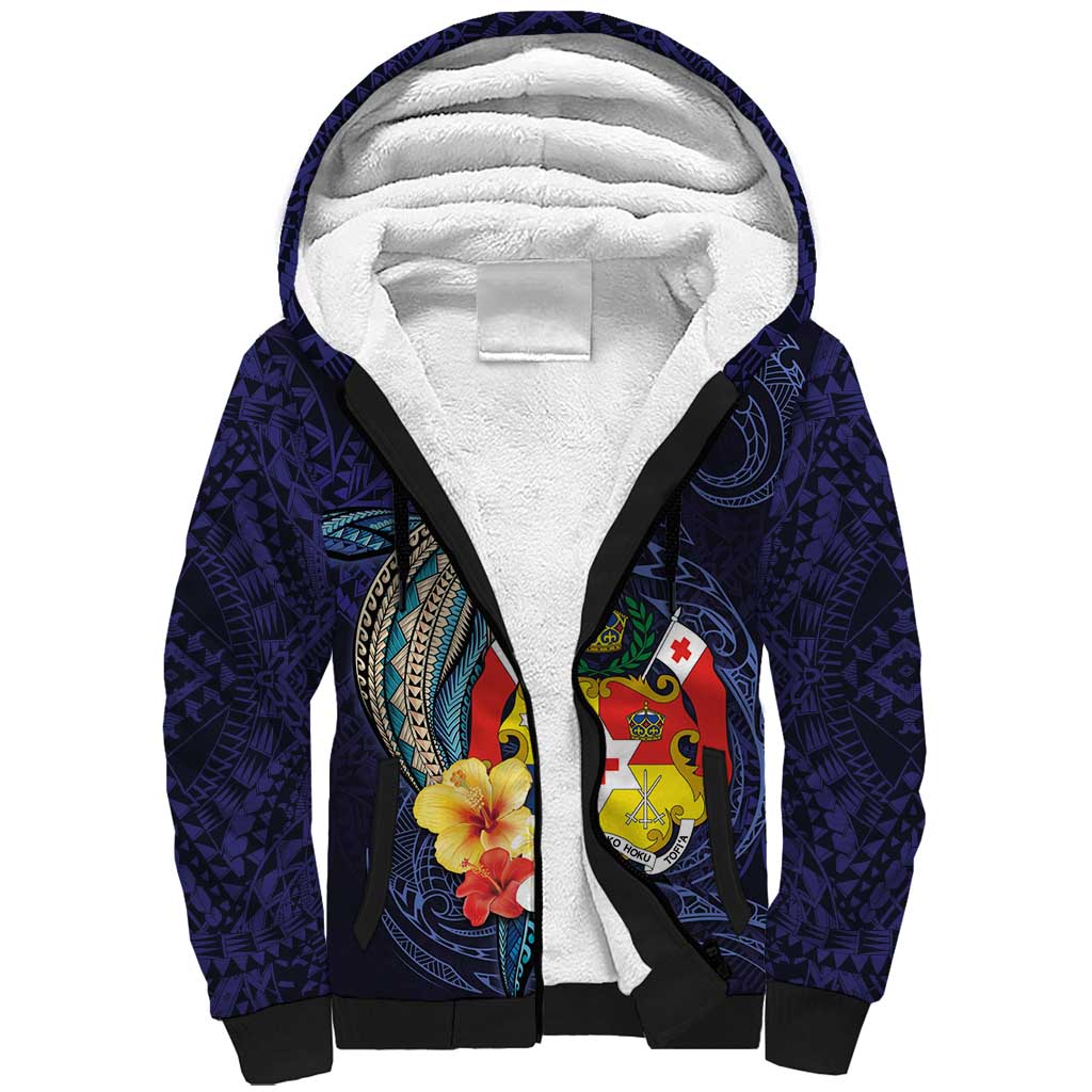 Tonga Vava'u Humpback Whale Blue Water Sherpa Hoodie Polynesian Hibiscus Flowers