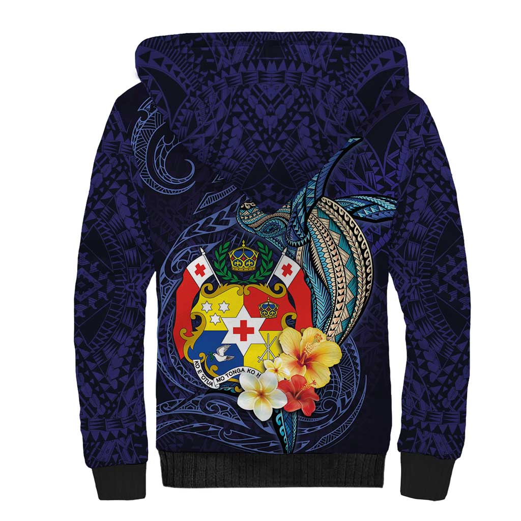 Tonga Vava'u Humpback Whale Blue Water Sherpa Hoodie Polynesian Hibiscus Flowers