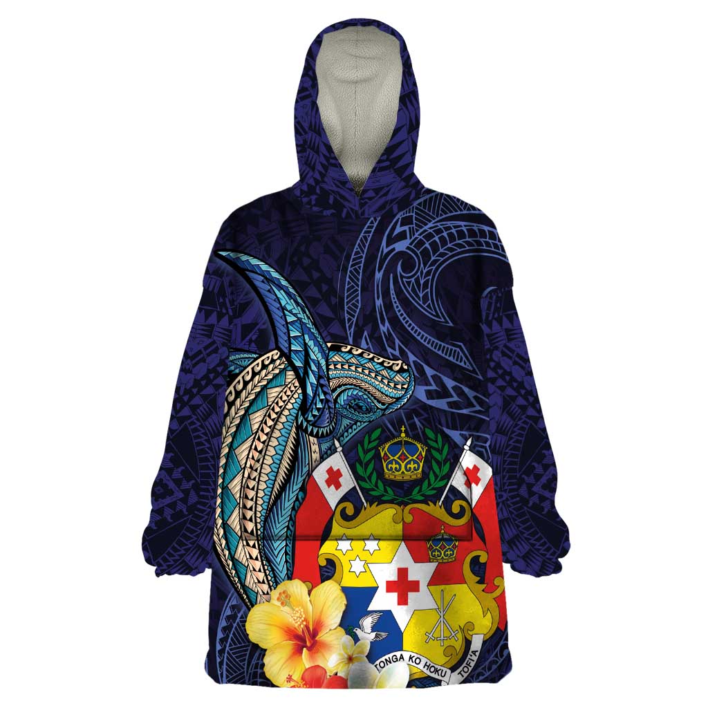 Tonga Vava'u Humpback Whale Blue Water Wearable Blanket Hoodie Polynesian Hibiscus Flowers