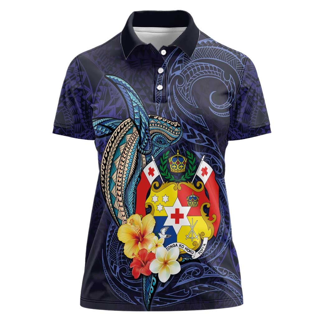 Tonga Vava'u Humpback Whale Blue Water Women Polo Shirt Polynesian Hibiscus Flowers