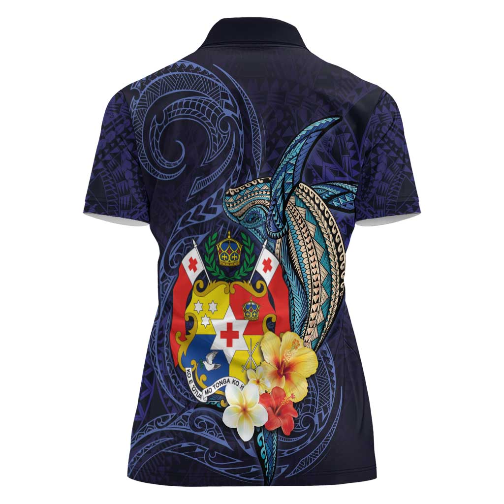 Tonga Vava'u Humpback Whale Blue Water Women Polo Shirt Polynesian Hibiscus Flowers