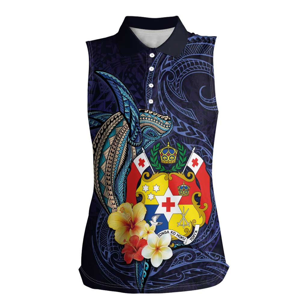 Tonga Vava'u Humpback Whale Blue Water Women Sleeveless Polo Shirt Polynesian Hibiscus Flowers