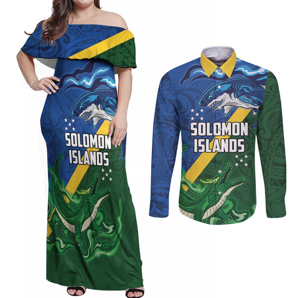 Solomon Islands Polynesian Tribal Shark and Crocodile Couples Matching Off Shoulder Maxi Dress and Long Sleeve Button Shirt