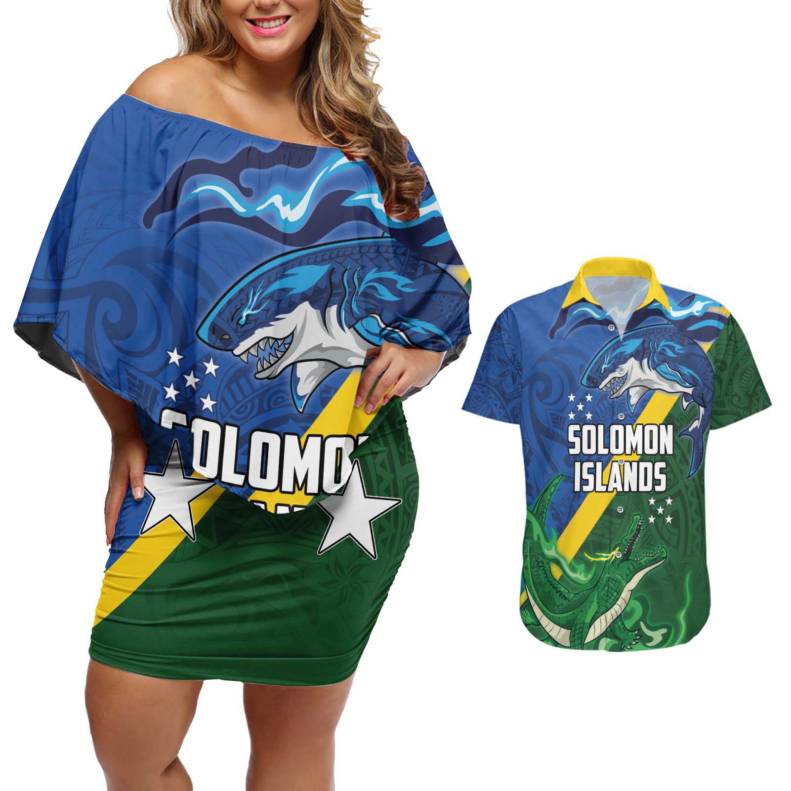 Solomon Islands Polynesian Tribal Shark and Crocodile Couples Matching Off Shoulder Short Dress and Hawaiian Shirt