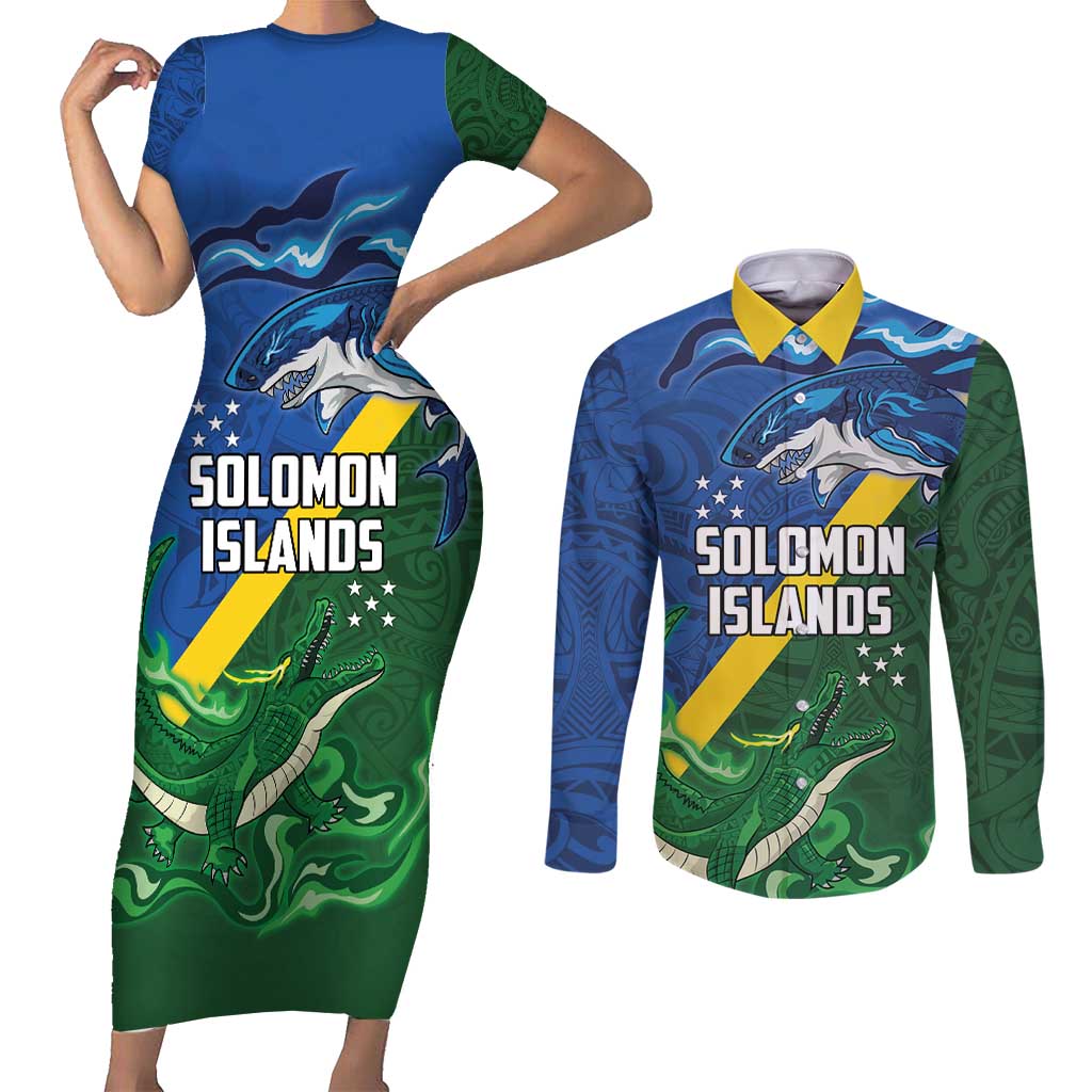 Solomon Islands Polynesian Tribal Shark and Crocodile Couples Matching Short Sleeve Bodycon Dress and Long Sleeve Button Shirt