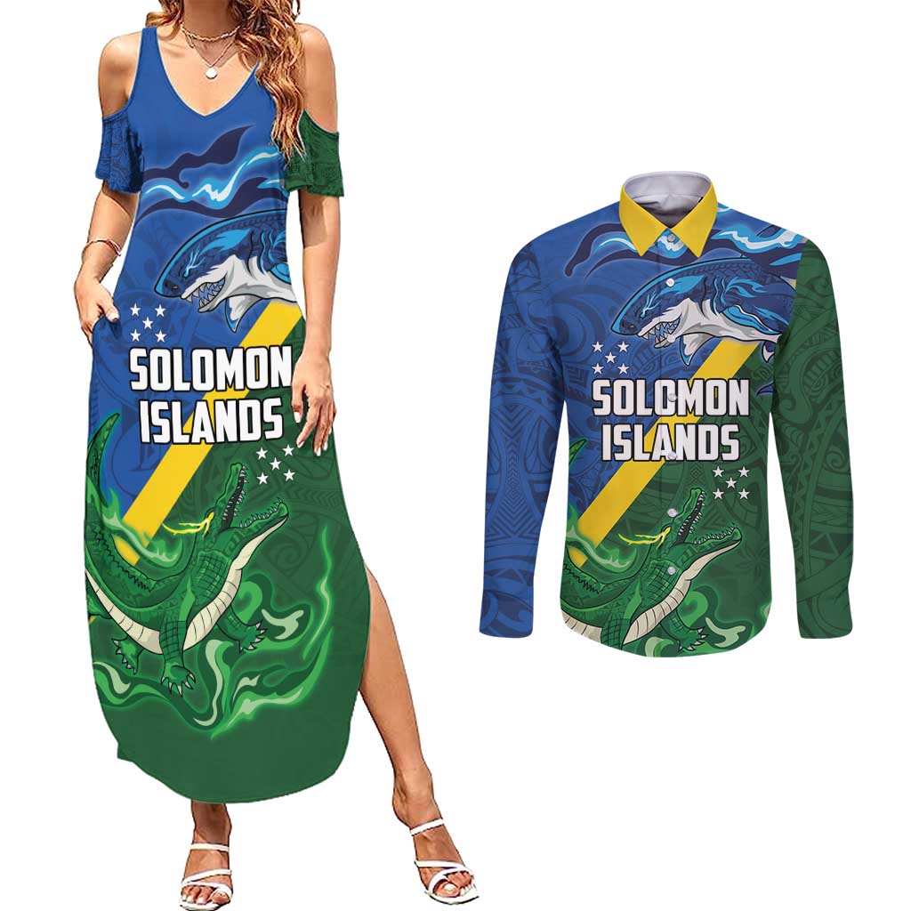 Solomon Islands Polynesian Tribal Shark and Crocodile Couples Matching Summer Maxi Dress and Long Sleeve Button Shirt