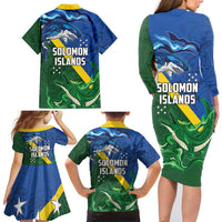 Solomon Islands Polynesian Tribal Shark and Crocodile Family Matching Long Sleeve Bodycon Dress and Hawaiian Shirt