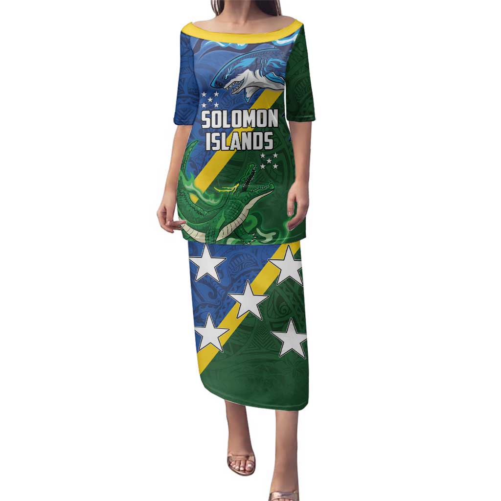 Solomon Islands Polynesian Tribal Shark and Crocodile Family Matching Puletasi and Hawaiian Shirt