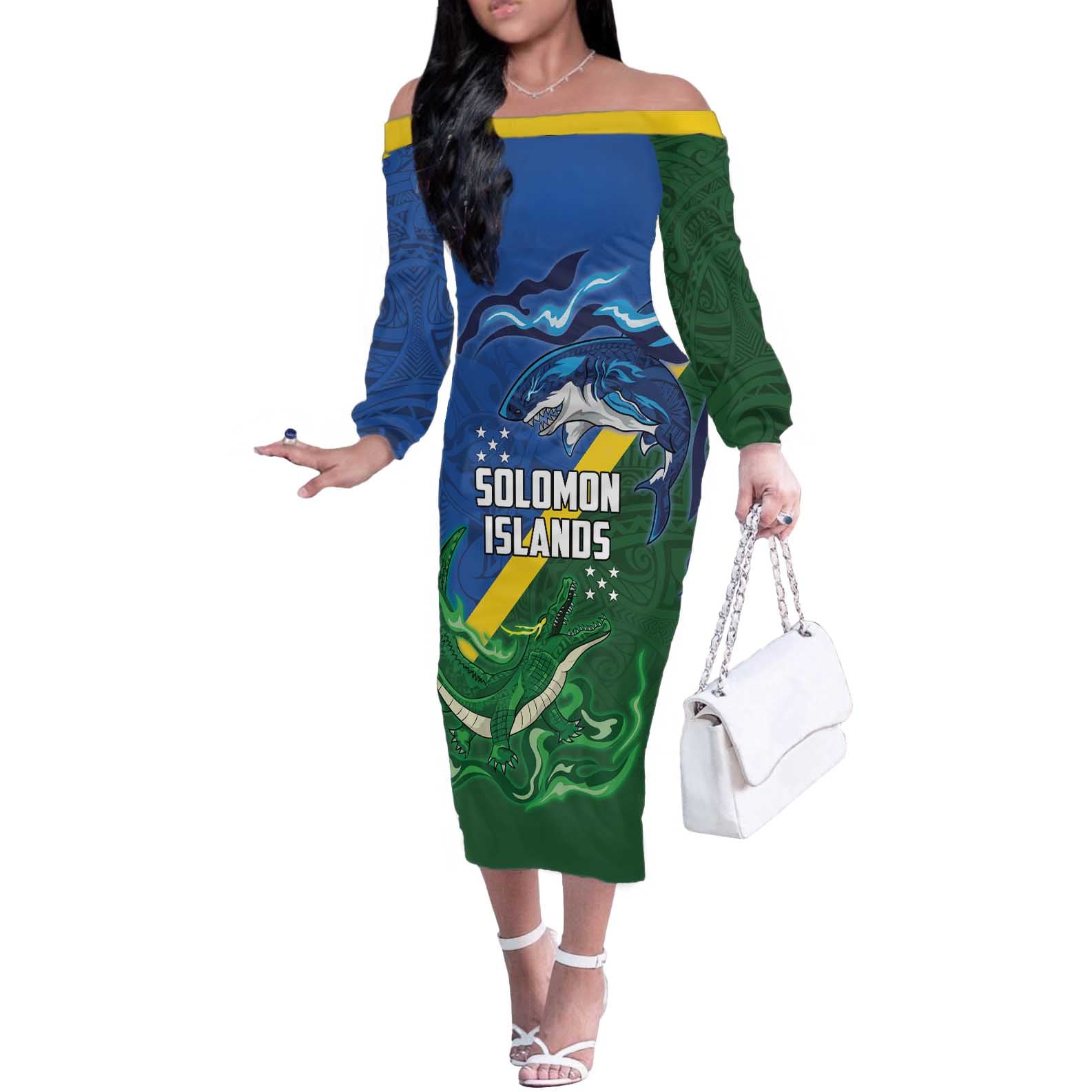 Solomon Islands Polynesian Tribal Shark and Crocodile Off The Shoulder Long Sleeve Dress