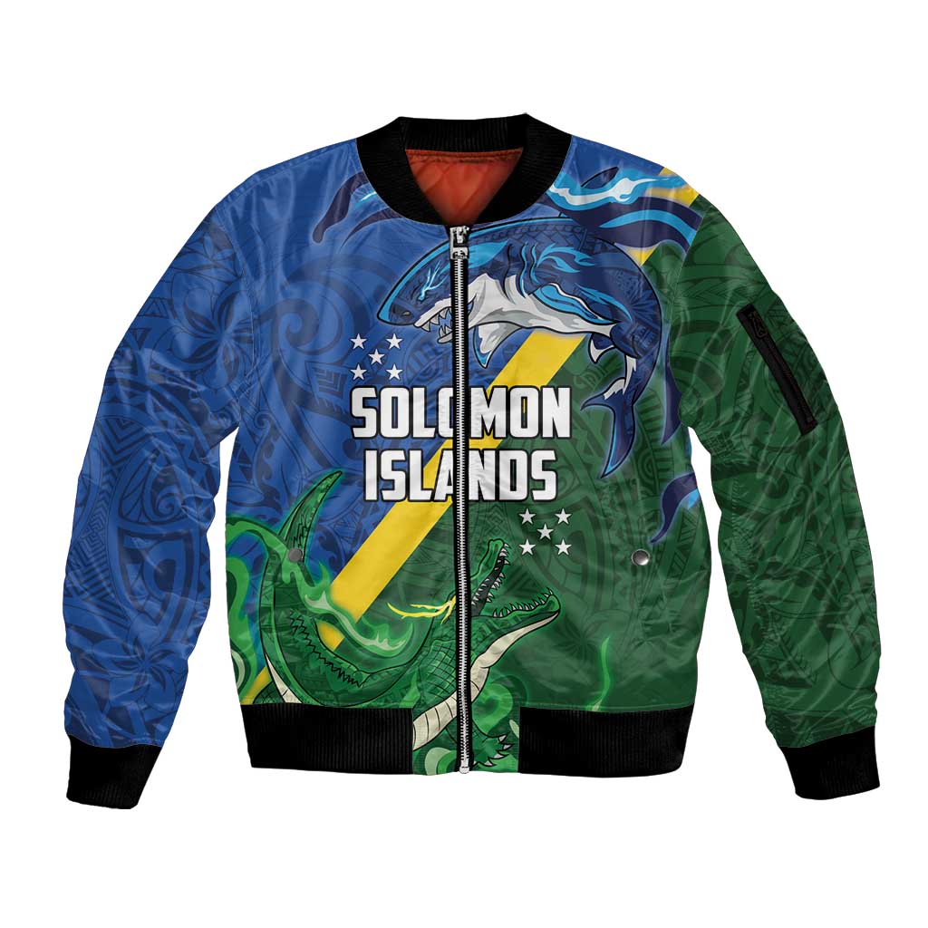 Solomon Islands Polynesian Tribal Shark and Crocodile Sleeve Zip Bomber Jacket