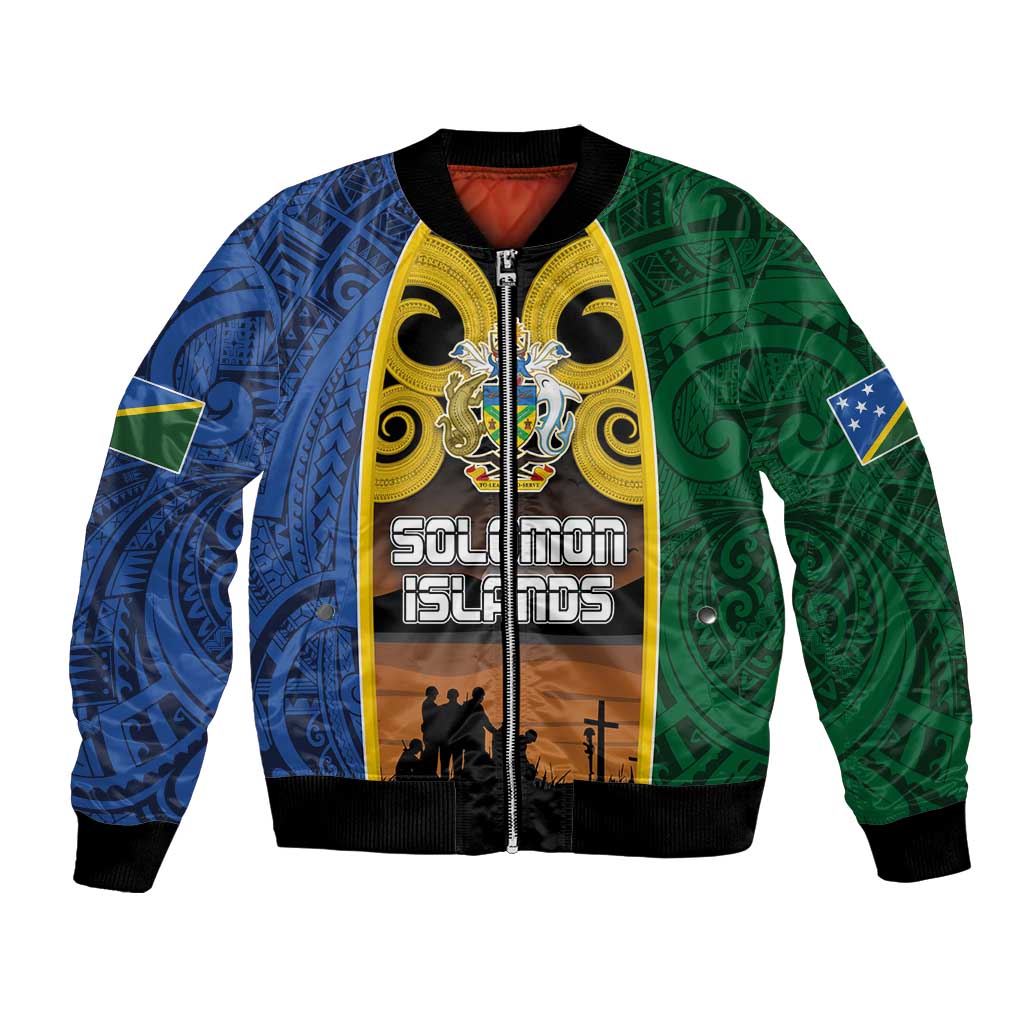 Solomon Islands Remembrance Day Bomber Jacket Lest We Forget and Polynesian Tattoo Pattern