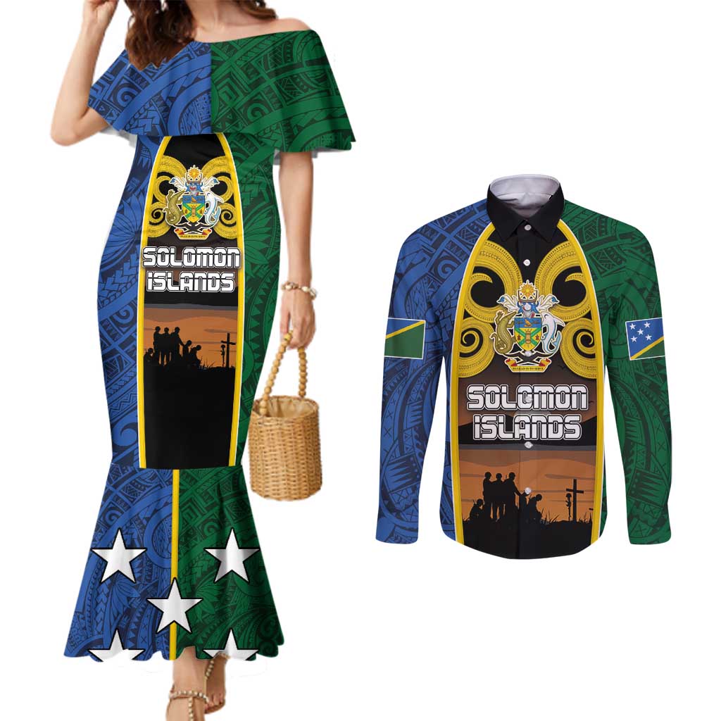 Solomon Islands Remembrance Day Couples Matching Mermaid Dress and Long Sleeve Button Shirt Lest We Forget and Polynesian Tattoo Pattern