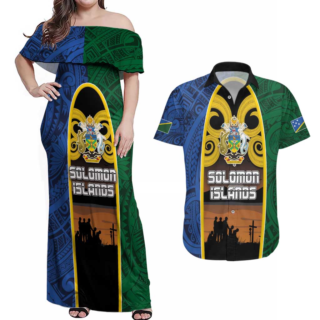 Solomon Islands Remembrance Day Couples Matching Off Shoulder Maxi Dress and Hawaiian Shirt Lest We Forget and Polynesian Tattoo Pattern