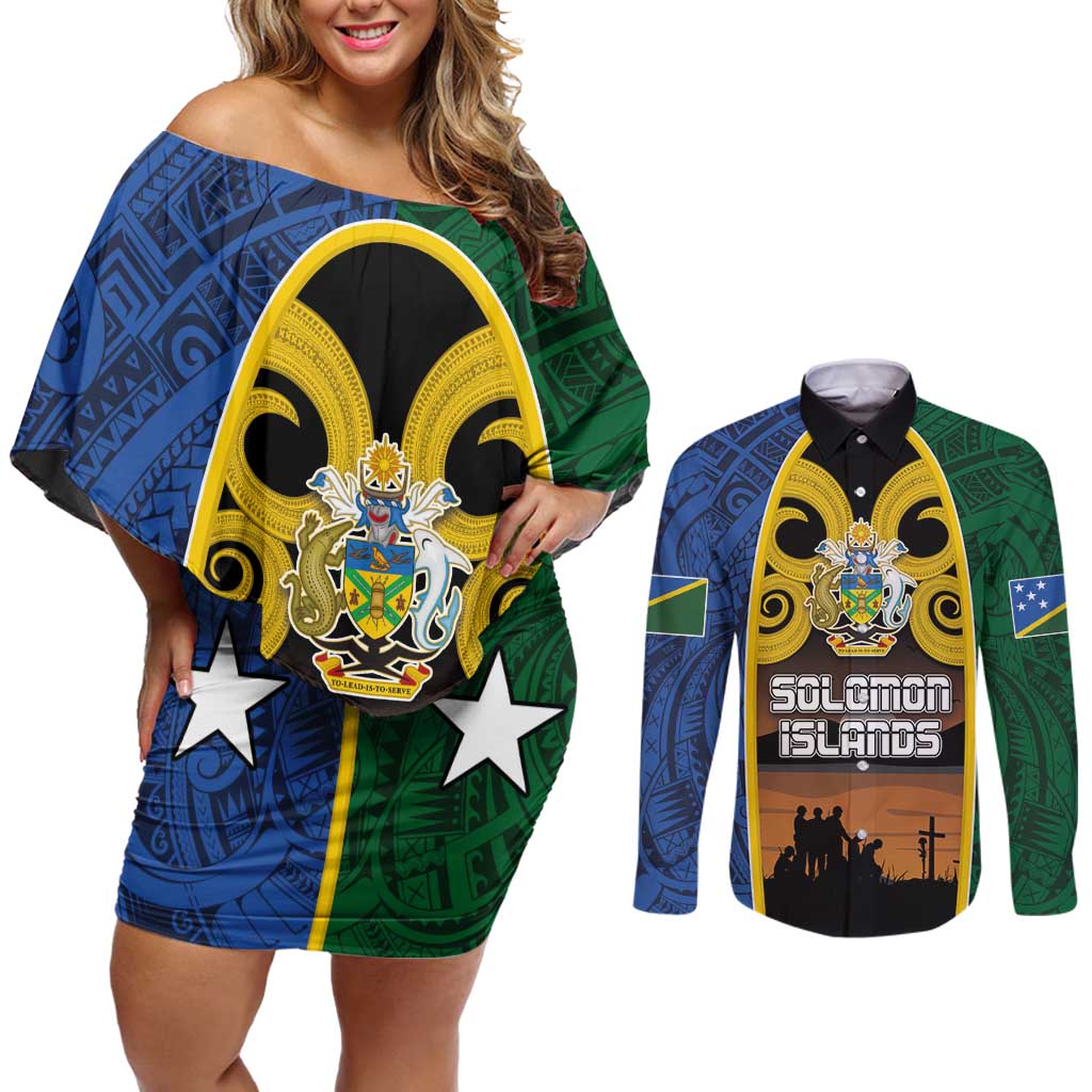 Solomon Islands Remembrance Day Couples Matching Off Shoulder Short Dress and Long Sleeve Button Shirt Lest We Forget and Polynesian Tattoo Pattern