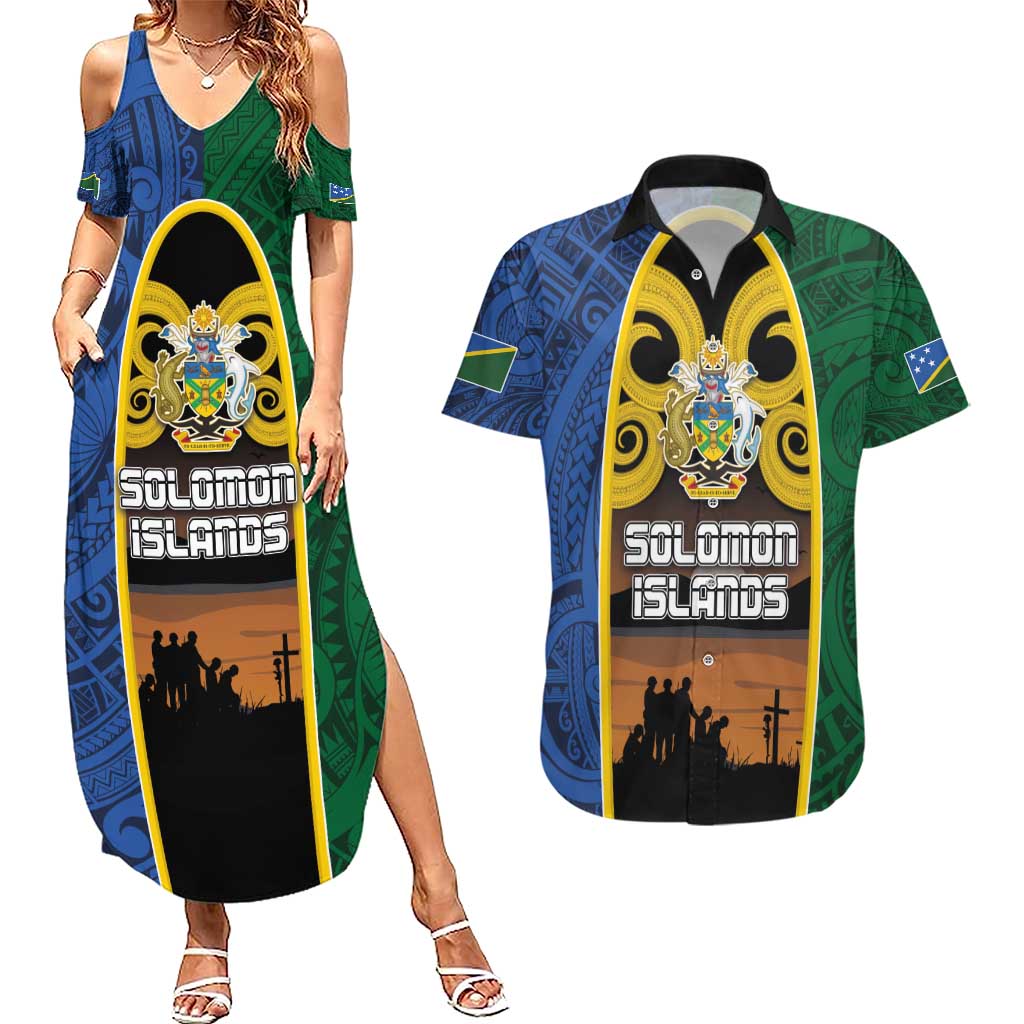 Solomon Islands Remembrance Day Couples Matching Summer Maxi Dress and Hawaiian Shirt Lest We Forget and Polynesian Tattoo Pattern