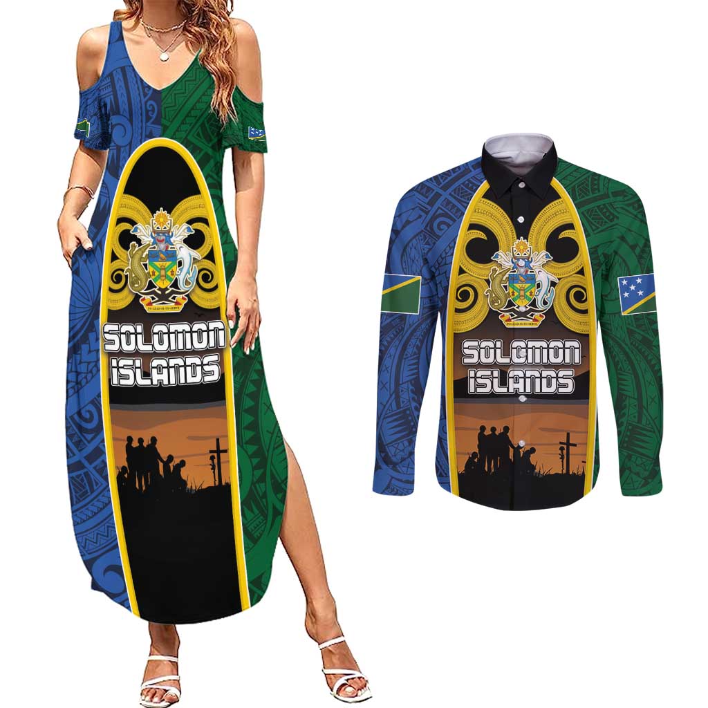 Solomon Islands Remembrance Day Couples Matching Summer Maxi Dress and Long Sleeve Button Shirt Lest We Forget and Polynesian Tattoo Pattern